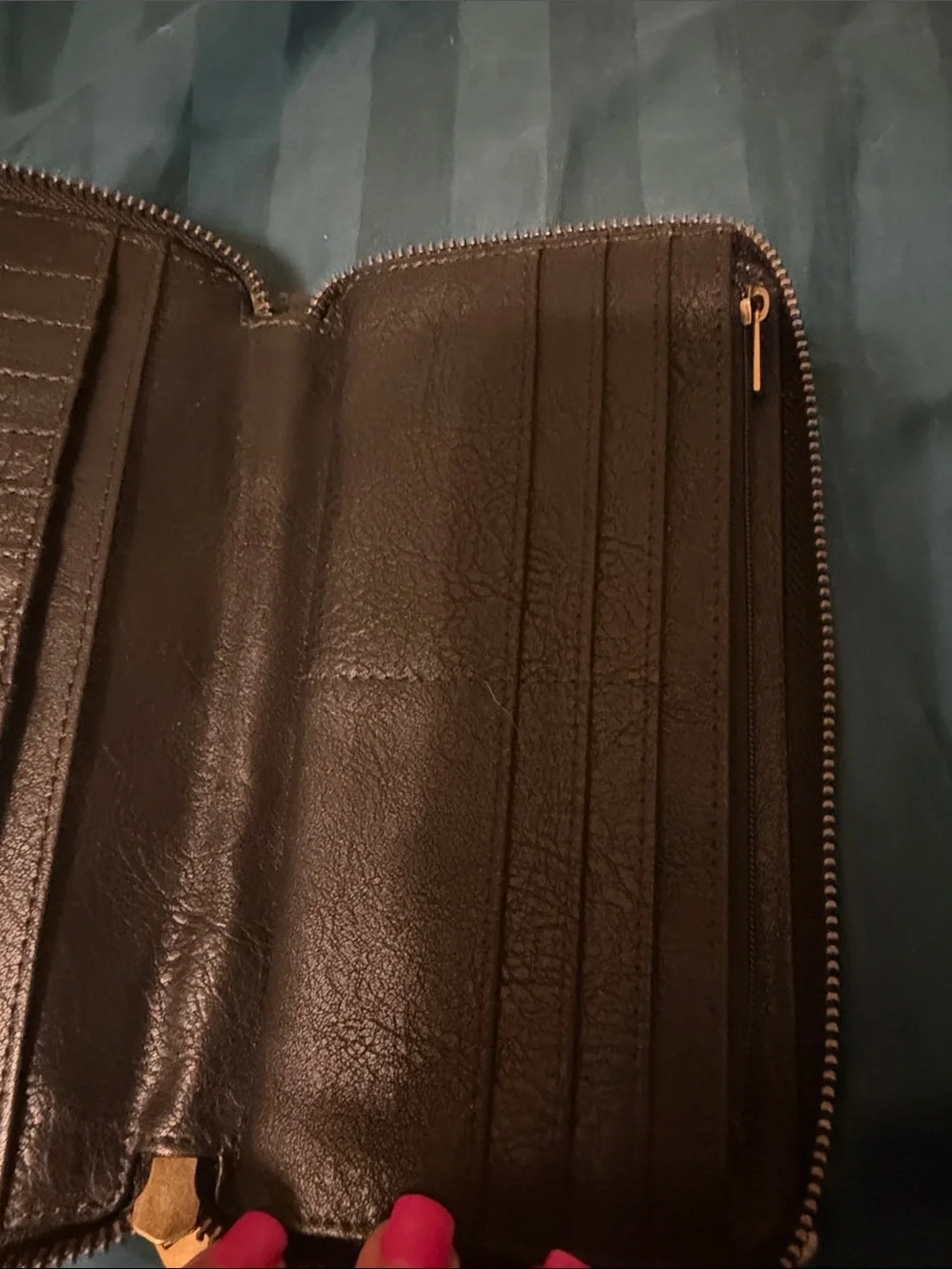 Fossil Black Leather Zip Wallet with Gold Accent Plate